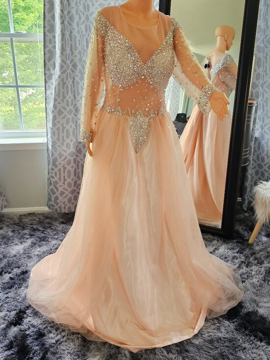 None Dresses & Skirts - Rhinestone‑Embellished Peach Sheer‑Sleeve Gown